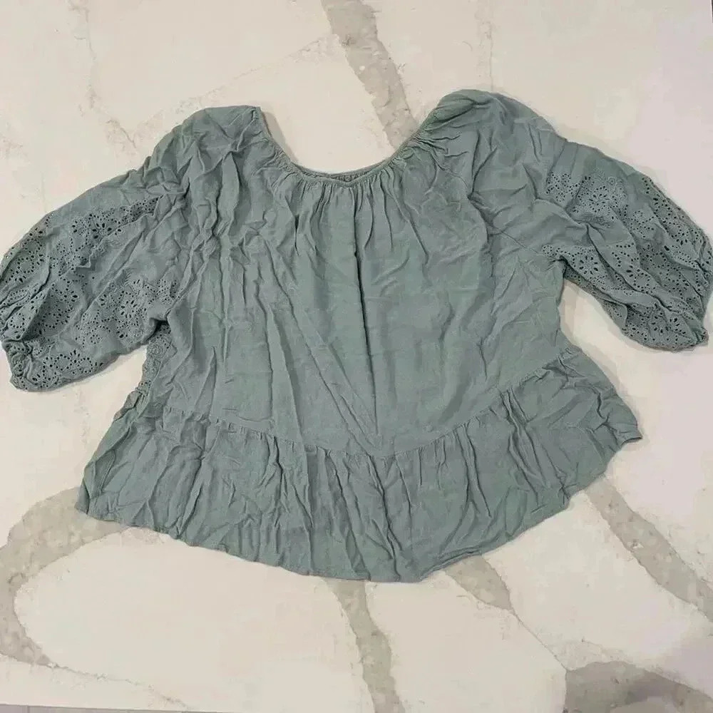 Penelope Rose Sage Green Floral Eyelet Blouse Womens 1X Smocked Neckline/Cuffs - Picture 6 of 6